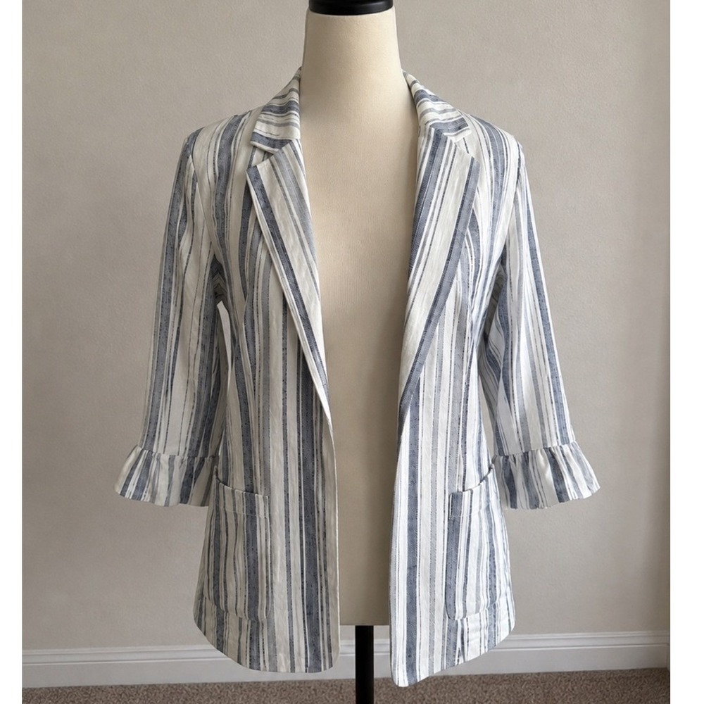 Ellen Tracy Blazer Womens Medium White Navy Stripe NWT Linen Blend Ruffle Sleeve